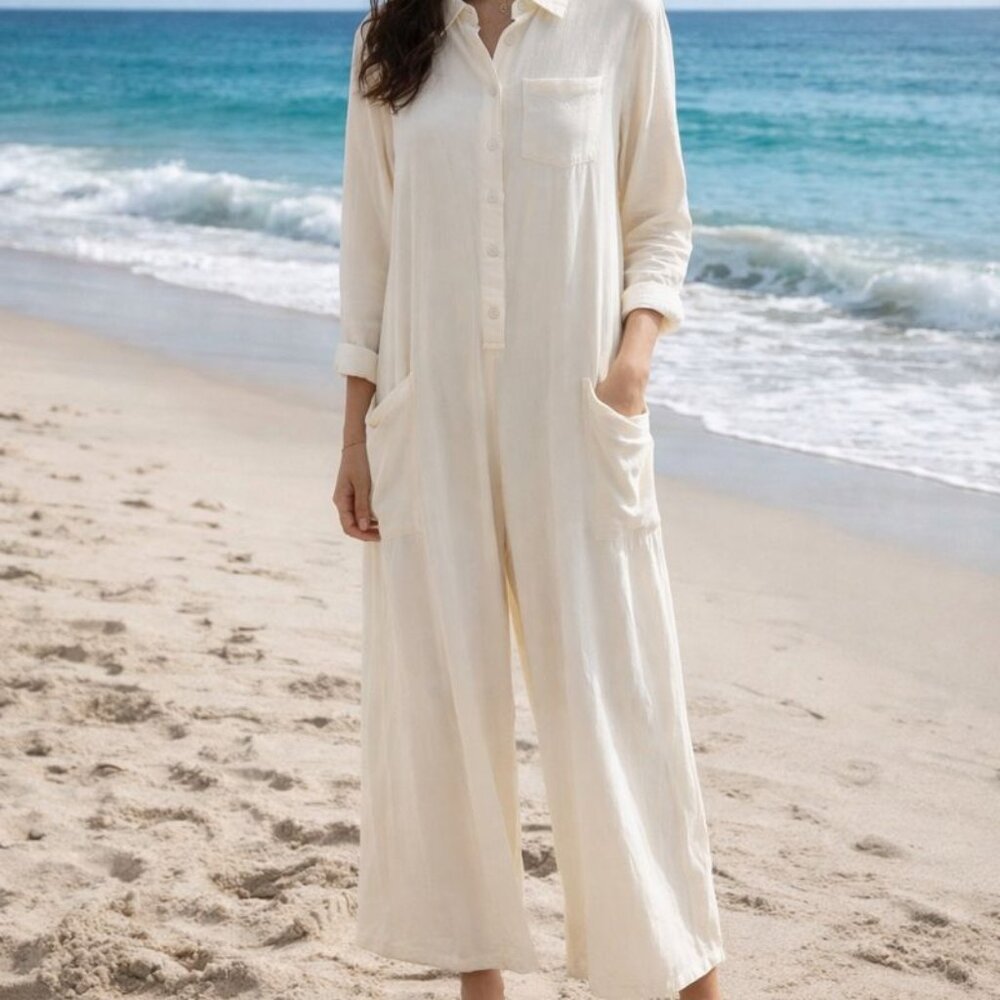Chartou Off White Pockets Wide Leg Jumpsuit Beach Palazzo Pants One Piece M